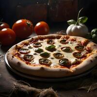 Pizza slices flying, isolated on dark background. Delicious peperoni pizza slices pepperonis and olives, floating pizza pieces with melting cheese with basil leaves flying. Italian style pizza slices photo