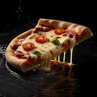 Pizza slices flying, isolated on dark background. Delicious peperoni pizza slices pepperonis and olives, floating pizza pieces with melting cheese with basil leaves flying. Italian style pizza slices photo