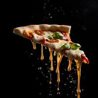 Pizza slices flying, isolated on dark background. Delicious peperoni pizza slices pepperonis and olives, floating pizza pieces with melting cheese with basil leaves flying. Italian style pizza slices photo