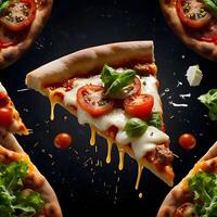 Pizza slices flying, isolated on dark background. Delicious peperoni pizza slices pepperonis and olives, floating pizza pieces with melting cheese with basil leaves flying. Italian style pizza slices photo