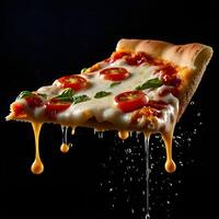 Pizza slices flying, isolated on dark background. Delicious peperoni pizza slices pepperonis and olives, floating pizza pieces with melting cheese with basil leaves flying. Italian style pizza slices photo