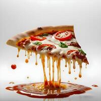 Pizza slices flying, isolated on white background. Delicious peperoni pizza slices pepperonis and olives, floating pizza pieces with melting cheese with basil leaves flying. Italian style pizza slices photo