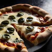 Pizza slices flying, isolated on dark background. Delicious peperoni pizza slices pepperonis and olives, floating pizza pieces with melting cheese with basil leaves flying. Italian style pizza slices photo