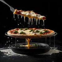 Pizza slices flying, isolated on dark background. Delicious peperoni pizza slices pepperonis and olives, floating pizza pieces with melting cheese with basil leaves flying. Italian style pizza slices photo