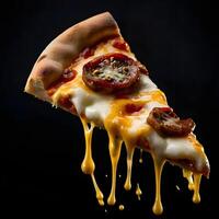 Pizza slices flying, isolated on dark background. Delicious peperoni pizza slices pepperonis and olives, floating pizza pieces with melting cheese with basil leaves flying. Italian style pizza slices photo