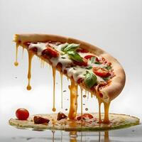 Pizza slices flying, isolated on white background. Delicious peperoni pizza slices pepperonis and olives, floating pizza pieces with melting cheese with basil leaves flying. Italian style pizza slices photo