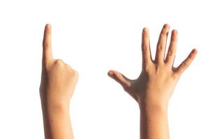 Kids hand counting one and five with little fingers isolated. Gestures for quantity, white photo