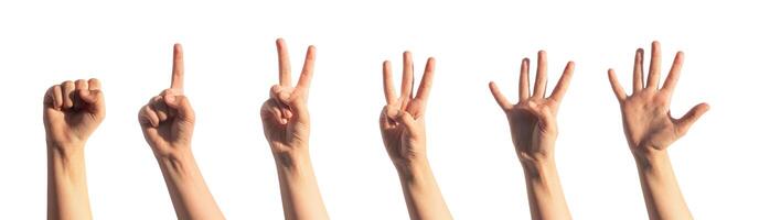 Kids hand counting fingers. zero, one, two, three, four, five, numbers isolated. Gestures for photo