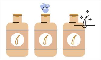 Shampoo bottle and foam outline icon set.Hair care,loss treatment, moisturizing,healthy roots,follicle,thin line symbol.Simple instructions for using.Editable Stroke. illustration EPS 10 vector