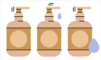 Plastic bottle icons set with dispenser pump for liquid soap, gel,lotion,cream, shampoo,bath foam and other cosmetics.Instructions for use.Editable Stroke. illustration EPS 10. vector