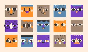 Square portraits of diverse people.Cute funny characters. Cartoon, minimal, abstract contemporary style. Avatar, icon templates. Hand drawn. isolated illustrations EPS10 vector