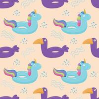 Seamless pattern with blue inflatable unicorn and purple toucan. A float for the pool. Inflatable colorful unicorns and cockatoos. A swimming circle. template for your summer beach design vector