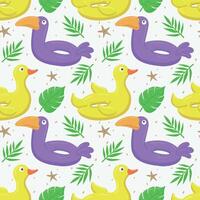 Seamless pattern with purple toucan and yellow duck. A float for the pool. Inflatable colorful ducks and toucans. A swimming circle. template for your summer beach design vector