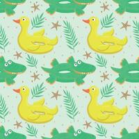 Seamless pattern with green inflatable crocodile and yellow duck. A float for the pool. Inflatable colorful crocodiles and a duck. A swimming circle. template for your summer beach design vector