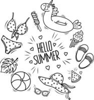 Hello Summer background template. Hello Summer greeting with black and white beach elements in the form of ice cream, swimsuit, starfish, sunglasses, swimming circle, ball, slippers.Banner vector