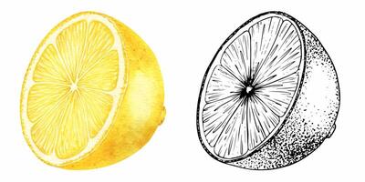 Set of lemon slices. Watercolor and sketch hand drawn isolated illustrations. Half tropical citrus fruit. Design for menu, package, cosmetic, textile, cards vector