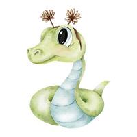 Funny green snake. Tropical jungle animal. Baby reptiles, python, cobra and viper reptile. Isolated hand drawn Watercolor illustration For kids design vector