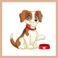 cartoon beagle dog showing food container because he is hungry vector
