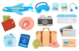 Thematic set of icons for traveling by plane in flat style. Plane and tickets, pillow and sleep mask, wallet, suitcase, documents and other elements vector