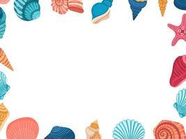 Frame of different shells in multi-colored flat style on a white background. Place for text, summer banner vector