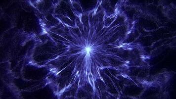 Energy burst background with wavy streams of snow particles spreading around with blue glow effect. Magic power fountain animation for science fiction, physics and abstract art performance. 4K 30fps video