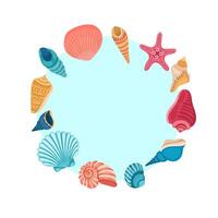 Round frame with modern sea river shells on a white background in flat style. Summer design vector