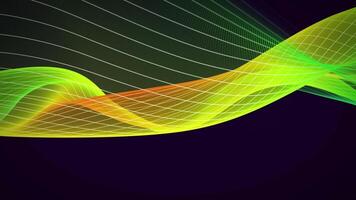 Multicolored abstract waveform with elegant stripes floating on a dark background. Looped colorful screensaver with green, yellow and orange wave stream and soft glow effect. Seamless vj loop 4K 60fps video