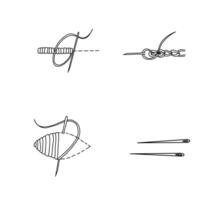 Needle and thread silhouettes. Set of three types of embroidery stitches and two needles. Hand drawn illustration, line art isolated on white background. Perfect for Manual stitching vector
