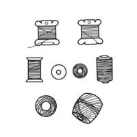 Set of different threads spools for sewing and embroidery, knitting or macrame, top and side view. Hand drawn illustration of Skeins. Spools for seamstress, handicraft in doodle style, isolated vector