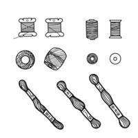Set of different threads spools for sewing and embroidery, knitting or macrame, top and side view. Hand drawn illustration of Skeins. Spools for seamstress, handicraft in doodle style, isolated vector