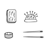 Sewing Set of different Threads Spools, Needles and Thimble. Hand drawn illustration of Accessories for Stitching. Tools for seamstress, handicraft in doodle style, isolated on white background vector