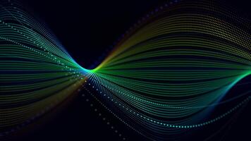 Looped abstract rainbow background with colorful transparent structure made of glowing dots and lines. Twisted wave form with bright spectrum of colors and soft light effect. Seamless vj loop 4K 60fps video