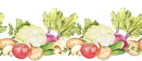 Vegetables horizontal Watercolor Seamless Border Pattern. Hand drawn botanical illustration. Can be used for fabric, textile, packaging print, product design. vector