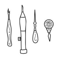 Set of Needlework Tools, Hand drawn Icons. Awl, Embroidery Needle, Seam Ripper and Needle Threader. Hand drawn Illustration in Doodle Style. Vintage Line art. vector