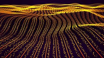 Abstract glowing waves with sparse particle stripes and bright golden lines on a dark background. Bright wavy flow animation for computer technology, science fiction and internet connections. 4K 60fps video