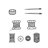Sewing Set of different Threads Spools, Needles and Thimble. Hand drawn illustration of Accessories for Stitching. Tools for seamstress, handicraft in doodle style, isolated on white background vector