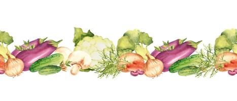 Vegetables horizontal Watercolor Seamless Border Pattern. Hand drawn botanical illustration. Can be used for fabric, textile, packaging print, product design. vector