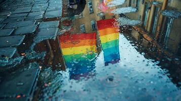 Reflection of vibrant rainbow flags in a rain puddle on a cobblestone street, symbolizing pride and resilience. photo