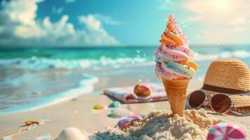 An enchanting swirl of pastel-colored ice cream atop a cone, nestled on a sandy beach with sea waves and summer accessories in the backdrop. photo
