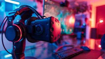 Close-up of an advanced VR headset and headphones illuminated by neon blue lighting, capturing the essence of modern virtual reality gaming. photo