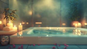 Luxurious spa bath setting with a serene atmosphere, featuring candles, soft towels, plants, and gentle water reflections. photo