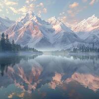 The soft glow of dawn lights up the snowy peaks of mountains, beautifully reflected in the still waters of a serene lake. photo