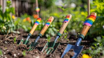 Close-up of garden trowels with rainbow handles stuck in the soil of a flower bed, ready for planting in a vibrant garden. photo