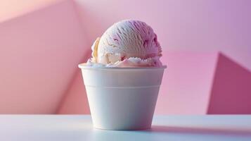 A cup of strawberry ice cream showcased in a modern setting with pastel pink and purple geometric backgrounds, emphasizing a contemporary style. photo