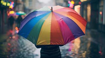 A person holds a vibrant rainbow umbrella while walking on a rainy city street, with colorful lights reflecting on wet pavement. photo