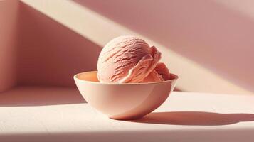 A single scoop of peach ice cream in a matching pastel bowl, with a play of light and shadow creating a minimalist aesthetic. photo
