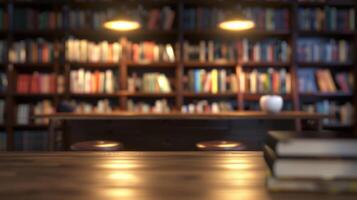 Blurred view of a warmly lit home library, showcasing wooden bookshelves filled with colorful books, highlighted by overhead lights. photo