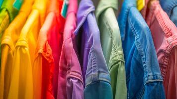 A close-up of vibrant, multicolored shirts neatly hanging in a row, showcasing a spectrum of colors in a clothing store. photo