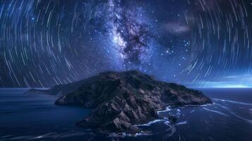 Long exposure photograph capturing mesmerizing star trails and the Milky Way galaxy above a rugged coastal island at night. photo