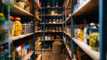 A detailed view inside a well-organized pantry with shelves stocked with a variety of food supplies, jars, and containers in a modern home. photo